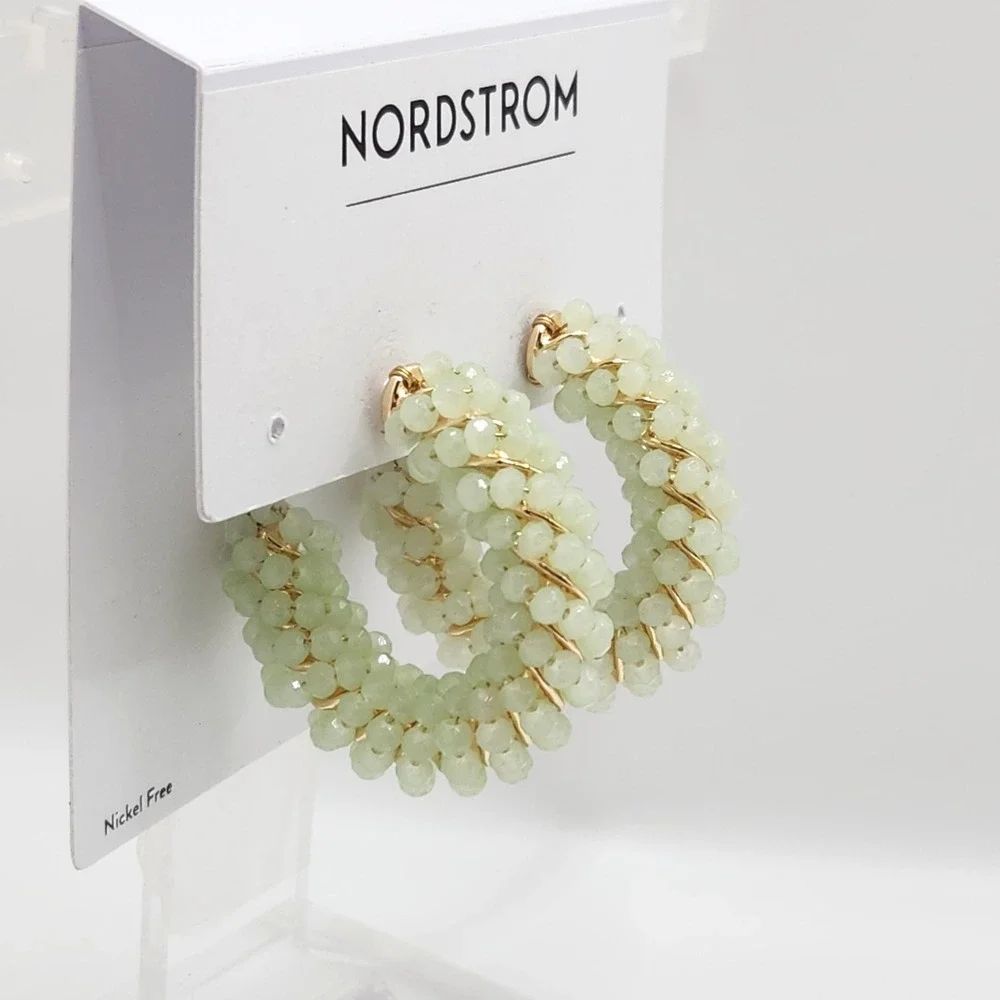 Nordstrom Mint Green Beaded Hoop Earrings Gold Tone Boho Spring Summer